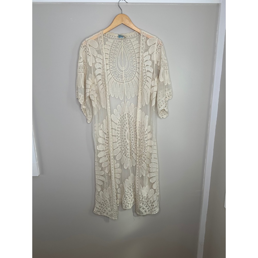 Rebellion Again Women's Floral Lace Embroidered Duster Kimono Open Front Ivory L